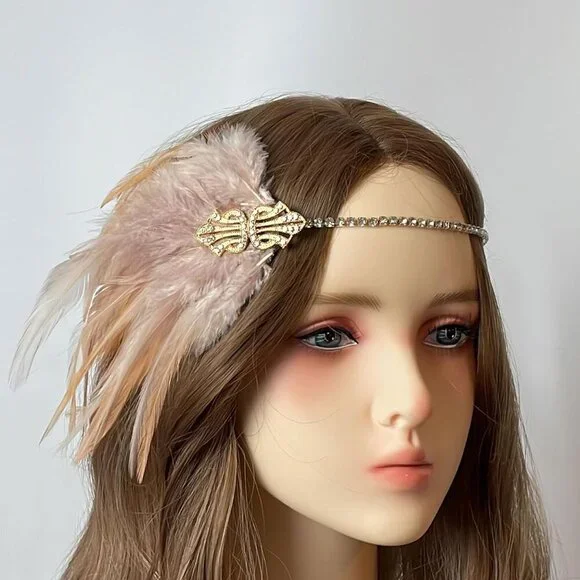 1920s Flapper Headband Pink Feathers Rhinestones Gatsby Style for Women - Picture 3 of 4